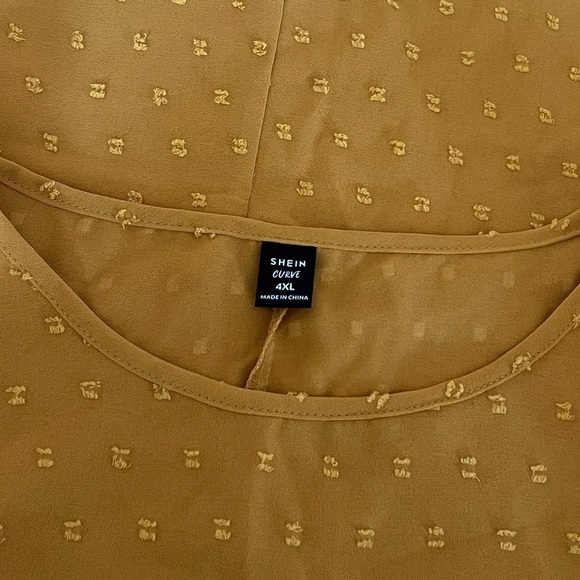 Women’s Plus Size Mustard Yellow Swiss Dot Flare Short Sleeve Blouse Top - Picture 13 of 14